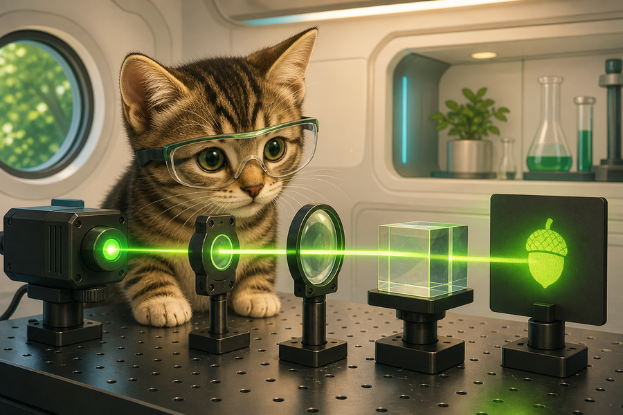 A lazer kitten investigates a green laser in a research lab